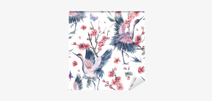 Watercolor Seamless Patern With Crane, Pink Flowers - Watercolor Painting, transparent png download