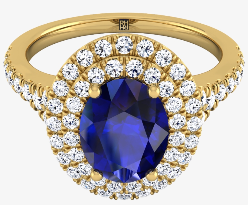 Sapphire Oval Center With Diamond Double Halo Engagement - Engagement Ring, transparent png download