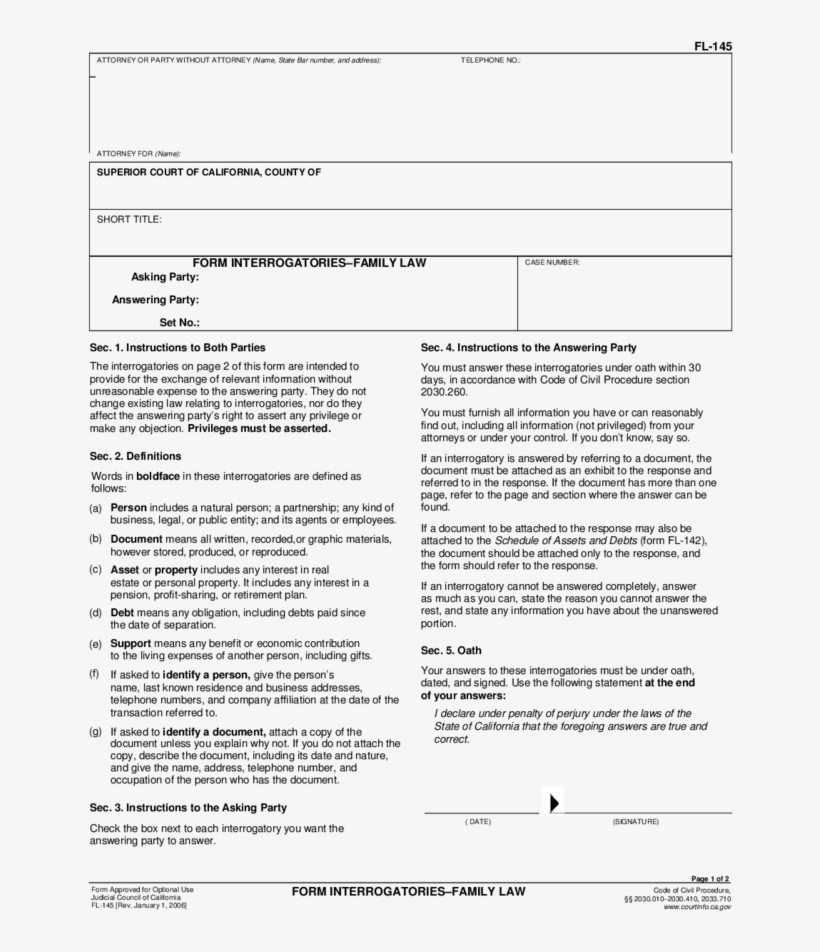 1 Fl-145 Form Interrogatories - Form Interrogatories, transparent png download