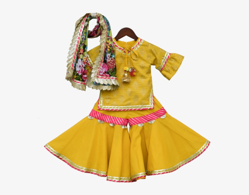 Girls Yellow Foil Print Kurti With Sharara - Costume, transparent png download