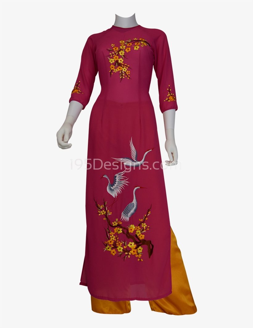 Hot Pink Ao Dai Apricot Blossom Flower Bird New Year - Day Dress, transparent png download