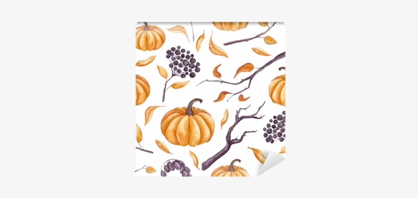 Seamless Pattern Of Watercolor Pumpkins, Leaves And - Watercolor Painting, transparent png download