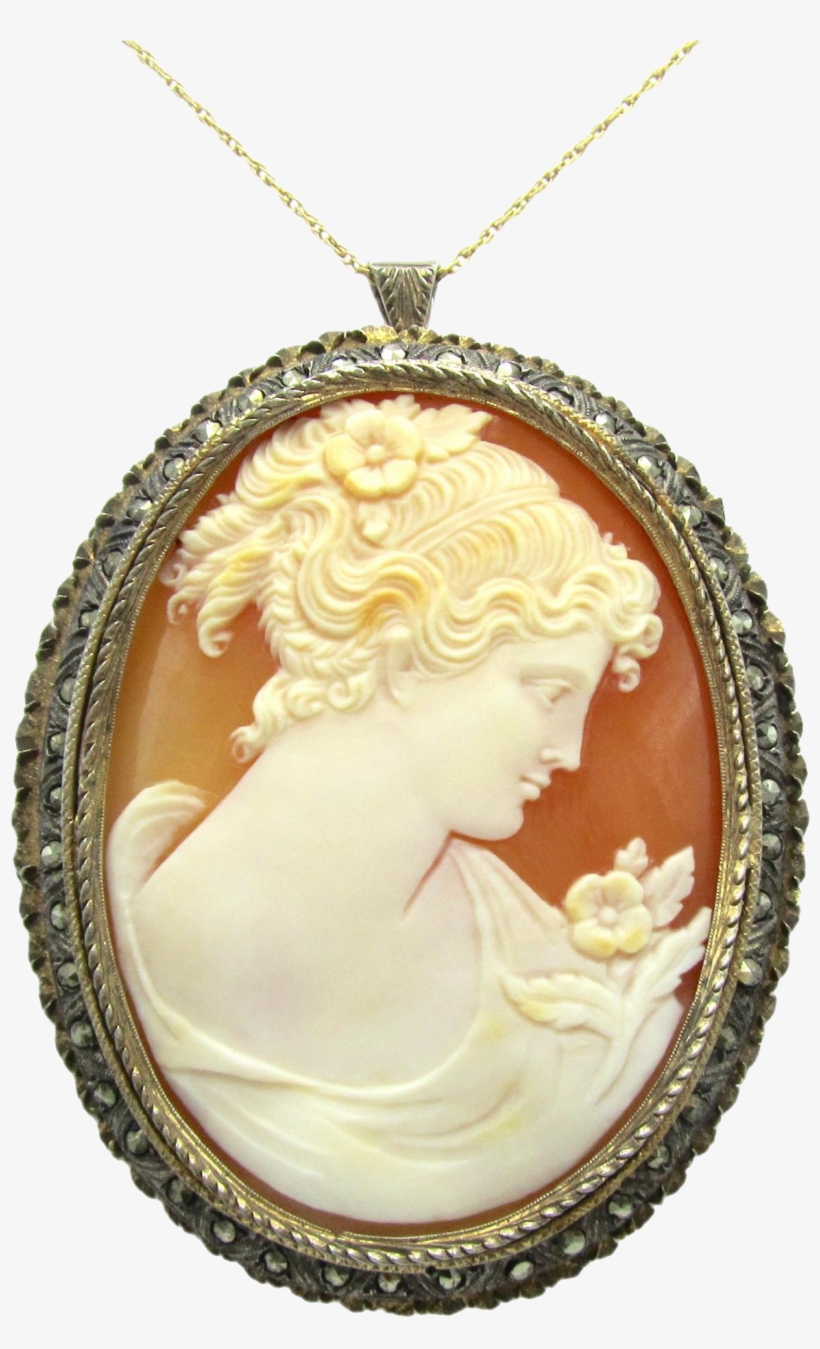 Antique Flora Cameo Pendant Carnelian Shell & Marcasite - Locket, transparent png download