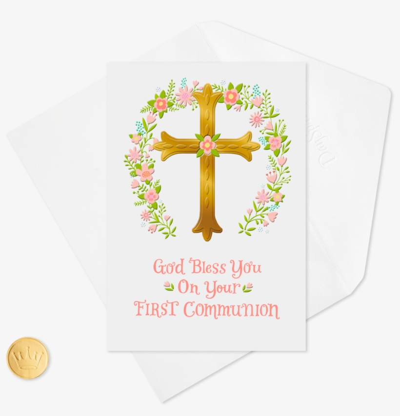 Gold Cross And Pink Flower Wreath First Communion Card, transparent png download