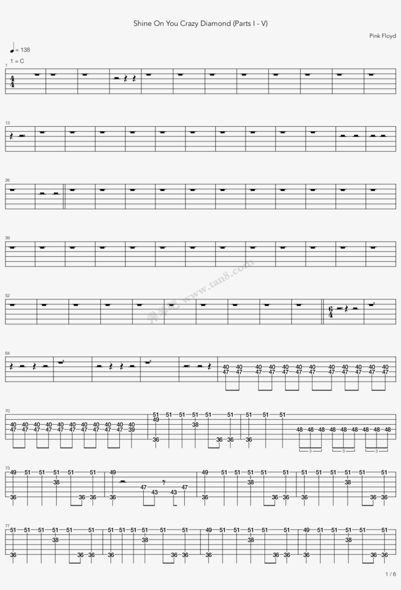 Shine On You Crazy Diamond Part I-v 架子鼓 第1张 - All Too Well 吉他 譜, transparent png download