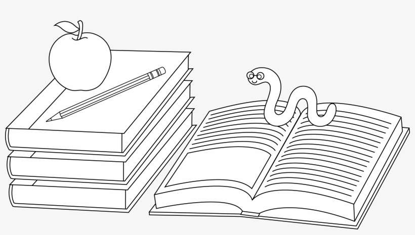 Colorable School Books And Bookworm - Black And White Clipart Educational Png, transparent png download