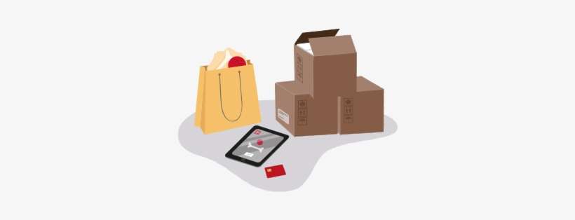 A Shopping Bag, Tablet, Cibc Card And Pile Of Boxes - Shopping Bag, transparent png download