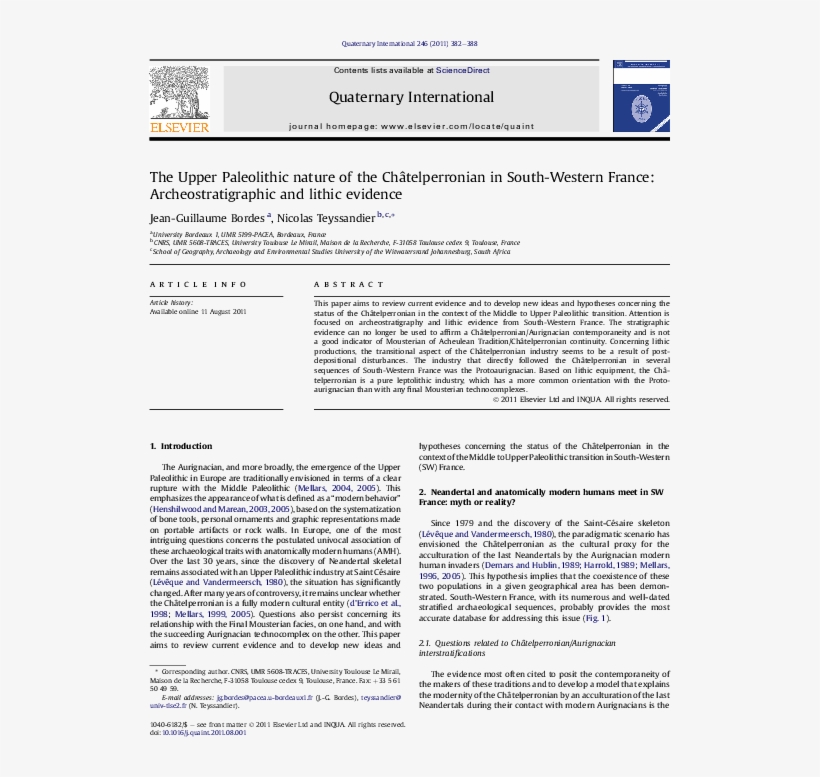 The Upper Paleolithic Nature Of The Châtelperronian - Research Article, transparent png download
