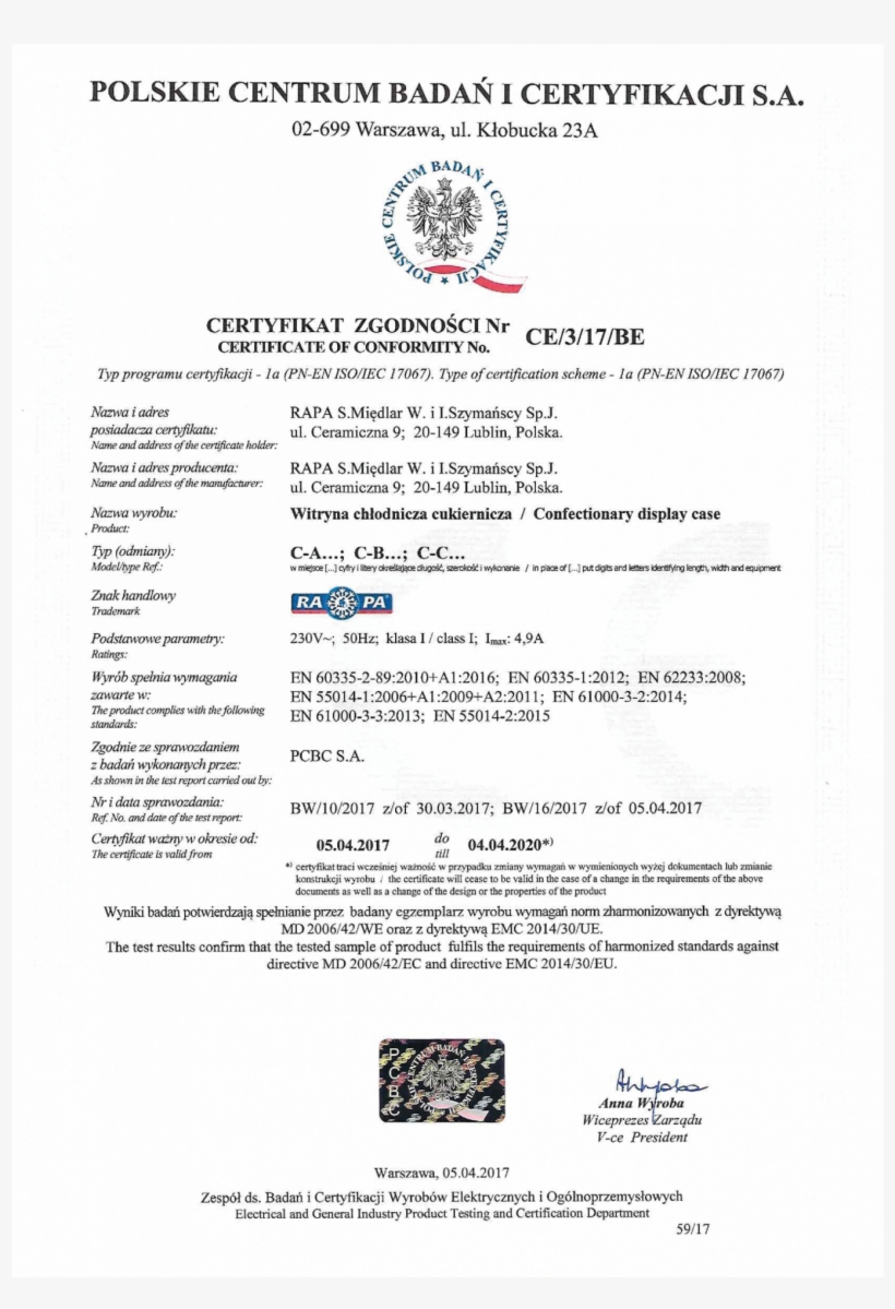 Certificate Ce Confectionery Display Cases Rapa 2017 - Polskie Centrum Badań I Certyfikacji, transparent png download