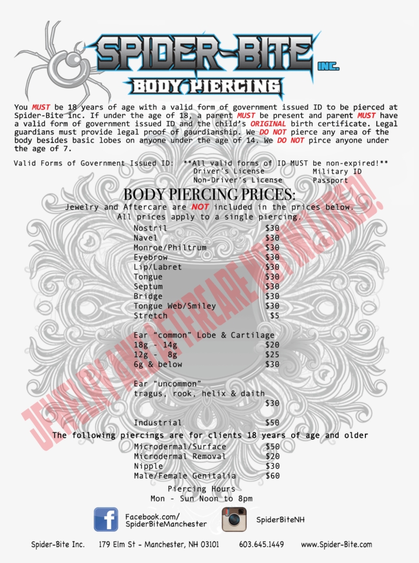 2016-2018 Spider Bite Tattooing & Body Piercing Inc - Diagram, transparent png download