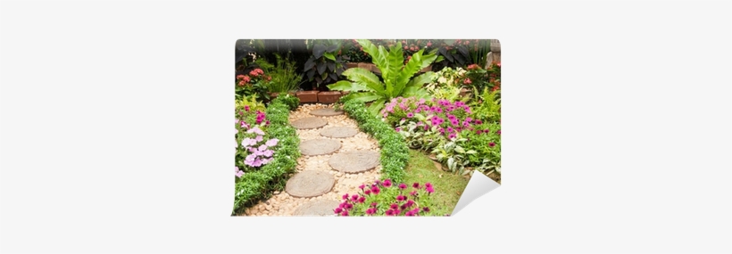 Stone Paved Garden Path With A Lawn And Flowerbed Wall - Leigh Country Bird-on-lily-pad Garden Bird Bath, Silver, transparent png download