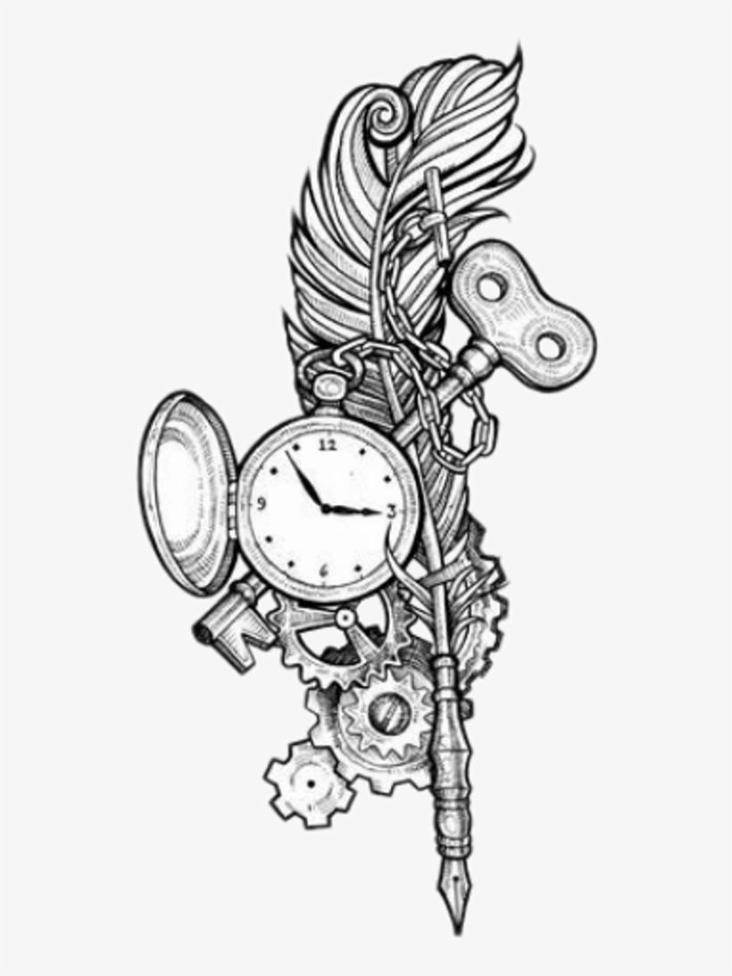 Feather Sticker - Pocket Watch With Feather Tattoo, transparent png download