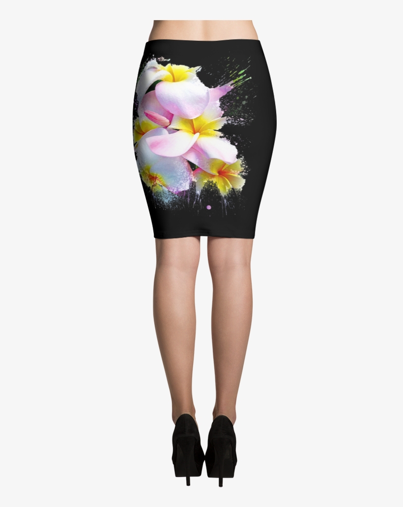 Black Pencil Skirt Baby Pink Hawaiian Plumeria Art - Skirt, transparent png download