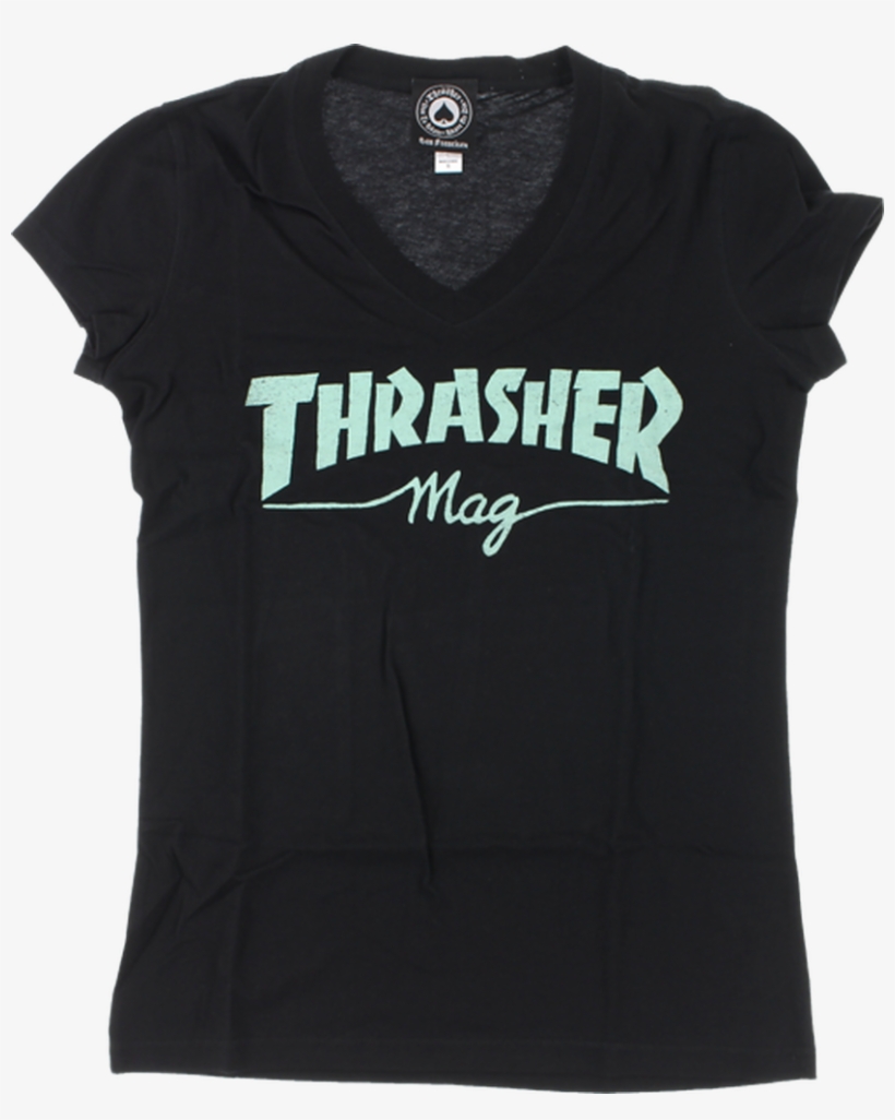 Thrasher Mag Logo Girls V Neck Ss M Blk/mint - Active Shirt, transparent png download