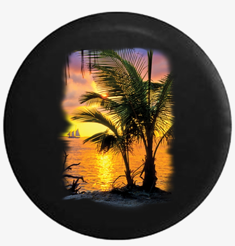 Palm Trees Ocean Front Beach Sail Boat Ships Jeep Camper - Sunset, transparent png download