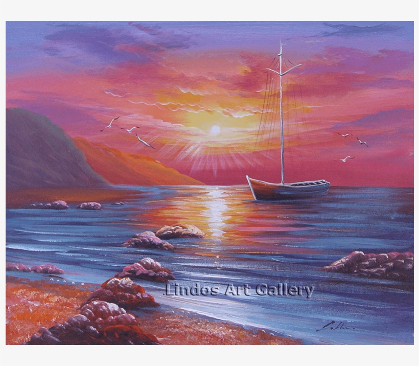 Fishing Boat Red Seaview Oil Painting - Painting, transparent png download