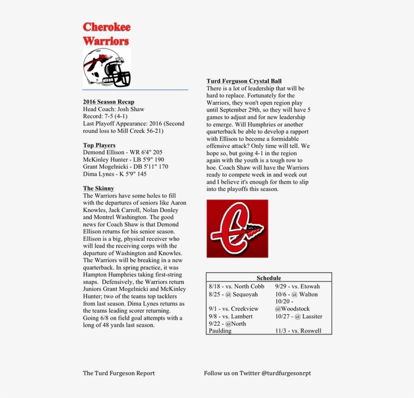 The Furgeson Report S Cherokee County Football - Cherokee High School, transparent png download