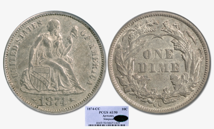 1874 Cc Seated Liberty Dime Pcgs Au 50 - Cash, transparent png download