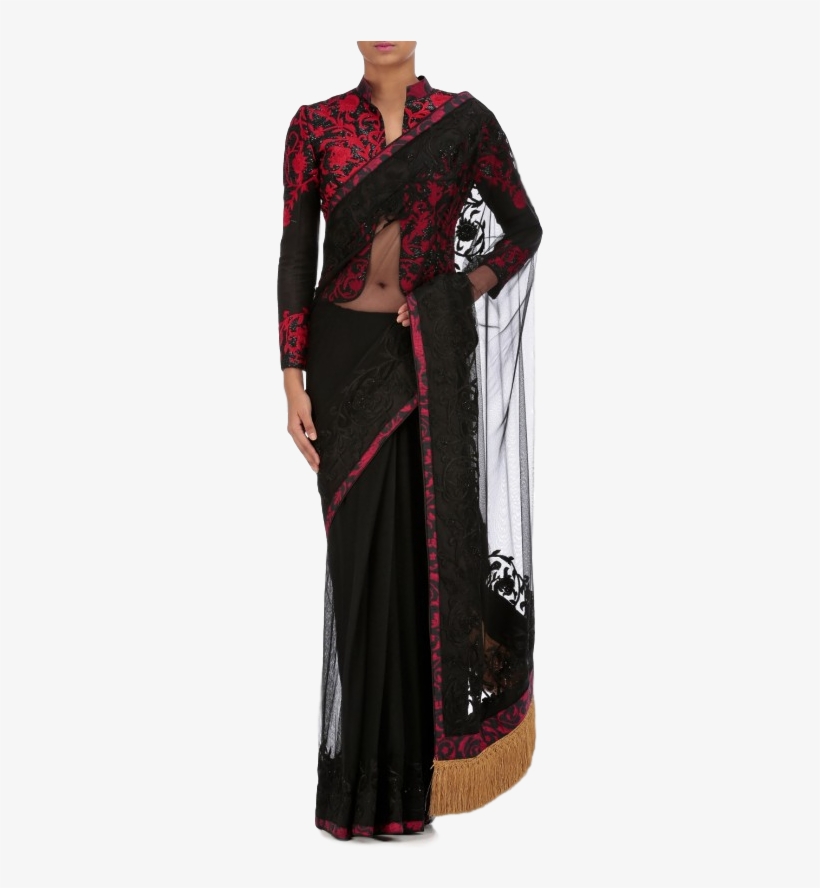 Black Color Saree With Thread Embroidery - Black Saree With Red Embroidery, transparent png download