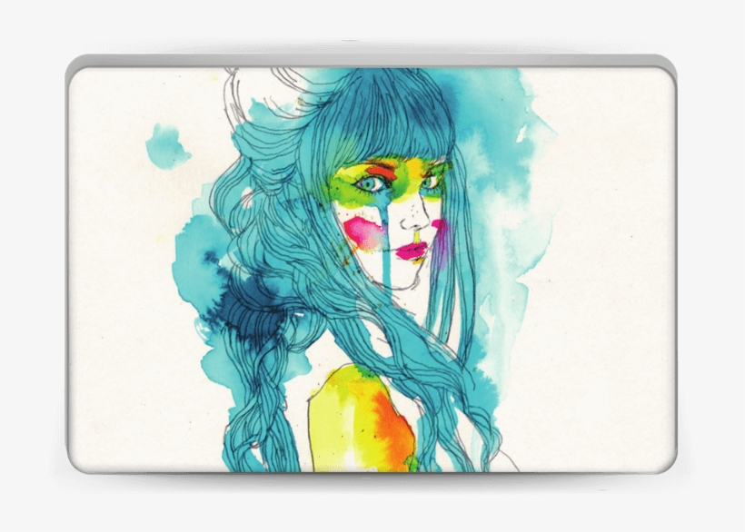 Girl In Blue Skin Laptop - Line Drawing With Watercolor, transparent png download