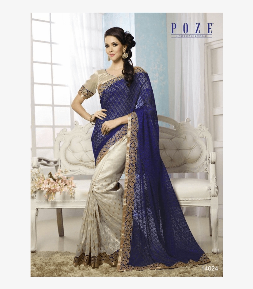 Buy Dark Blue And Antique White Bordered Saree By Diamond - Photo Shoot, transparent png download