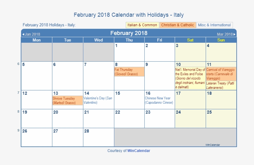 February 2018 Calendar With Italian Holidays As Image - January 2019 Calendar Holidays, transparent png download