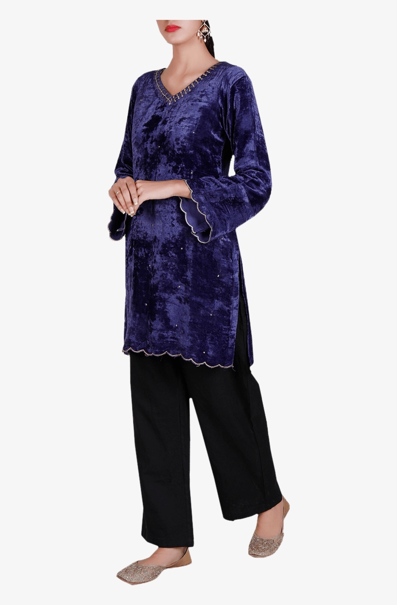 Blue Flare Sleeved Zari Embroidered Chenille Kurta - Velvet, transparent png download