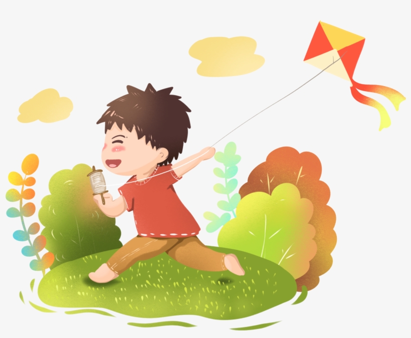 Children Playing Kite Flying Autumn Creative Illustration - Illustration, transparent png download