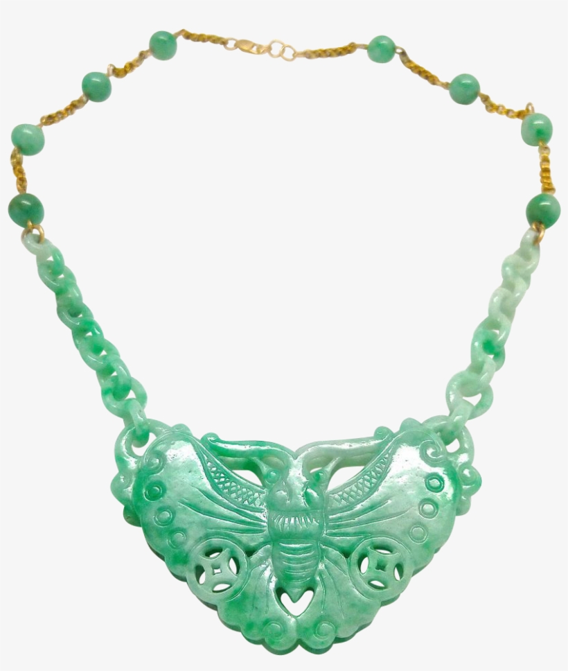 Rare Natural Jadeite Jade Carved Interlocking Chain - Butterfly Pendant Necklace In 14k, transparent png download