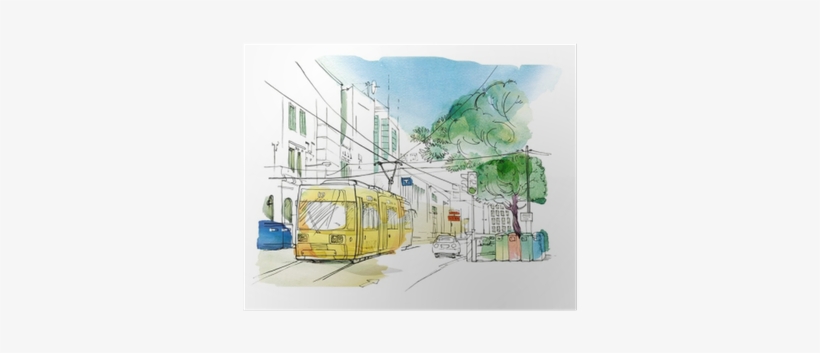 Sketch Of The City Landscape With A Yellow Trolley, - Traffic Light, transparent png download