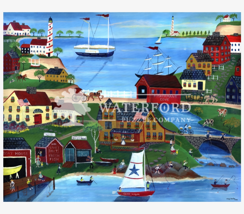 Fisherman's Cove Of Yesteryear - Folk Art Painting Seasode, transparent png download