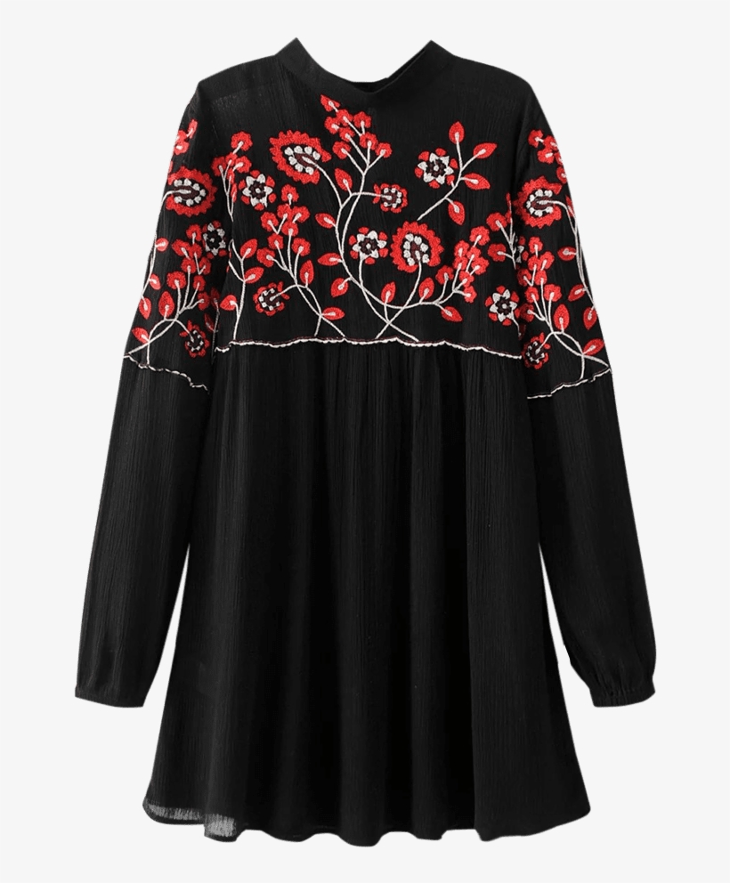 Long Sleeve Embroidered Floral Mini Dress - Dress, transparent png download