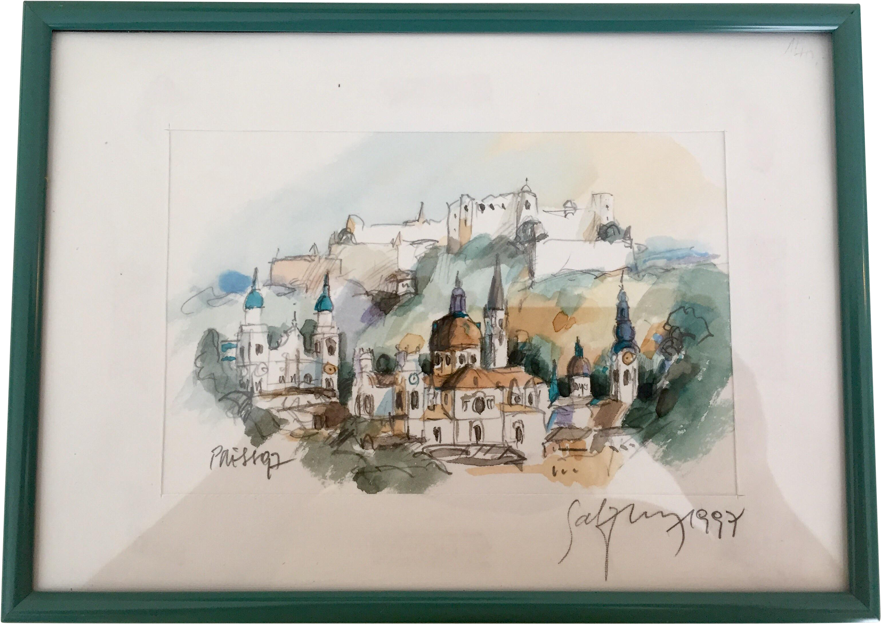 Watercolor Painted Sketch Of Salzburg - Salzburg Watercolor (3432x2433), Png Download