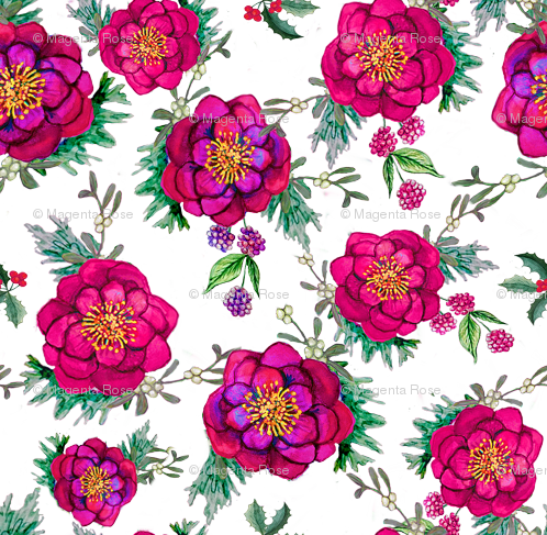 Poinsettia With Holly, Mistletoe And Beauty Berry Fabric - Mistletoe (498x487), Png Download