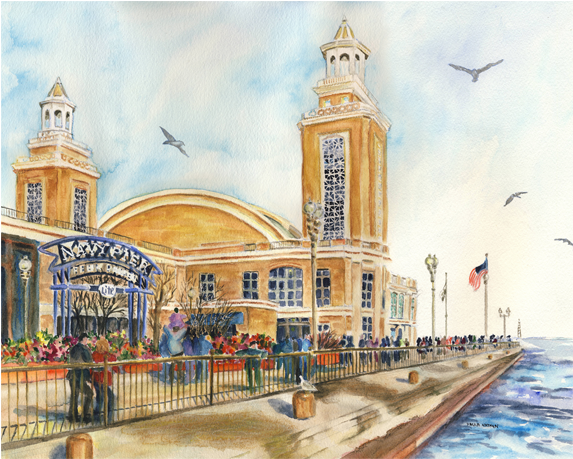 Watercolor Of Navy Pier, Lake Michigan Shoreline, Chicago - Painting (1000x500), Png Download