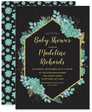 Aqua Teal Watercolor Succulents Gold Foil Frame & Black - Wedding Invitation (429x556), Png Download