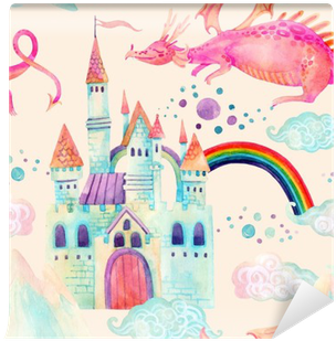 Watercolor Fairy Tale Seamless Pattern With Cute Dragon, - Fairy Watercolor (400x400), Png Download