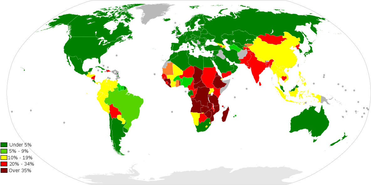 Percentage Population Undernourished World Map - Countries In The World That Drive (1280x650), Png Download