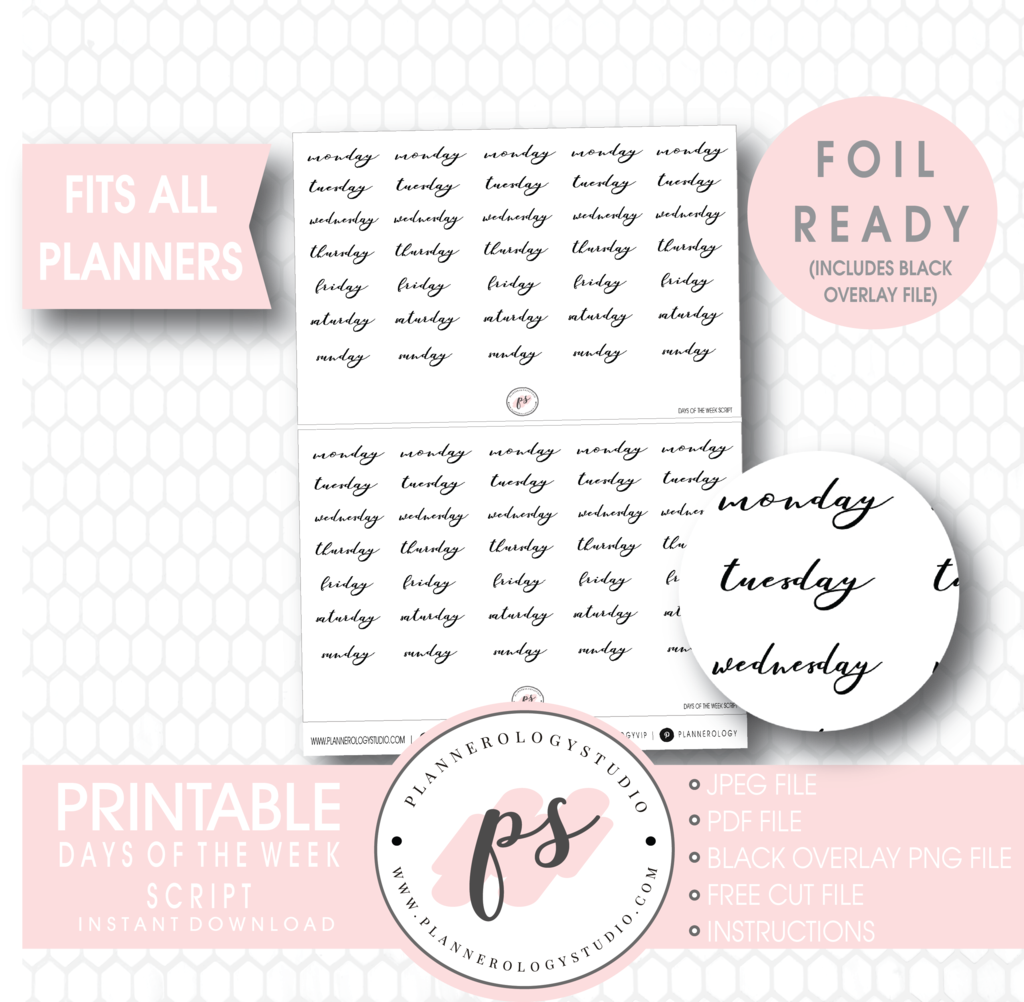 Days Of The Week Script Digital Printable Planner S - Foil Planner Stickers Free (1024x1002), Png Download
