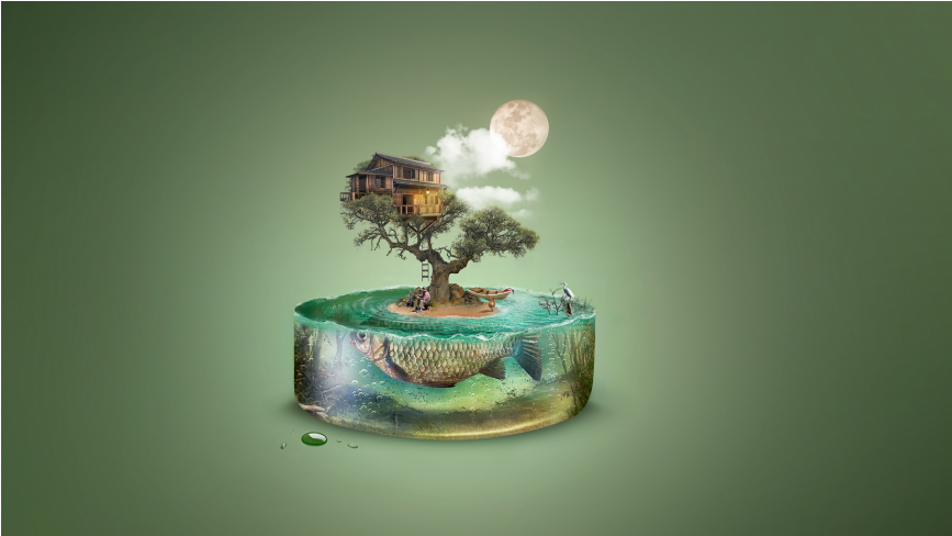 Tree House And Fish - Photoshop Behance (866x650), Png Download