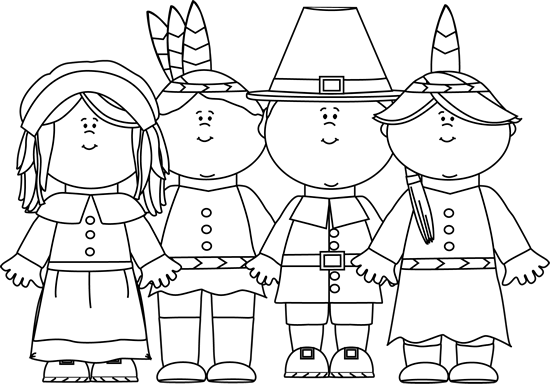 Indian Clipart Pilgrims - Pilgrims And Indians Clipart Black And White (550x384), Png Download