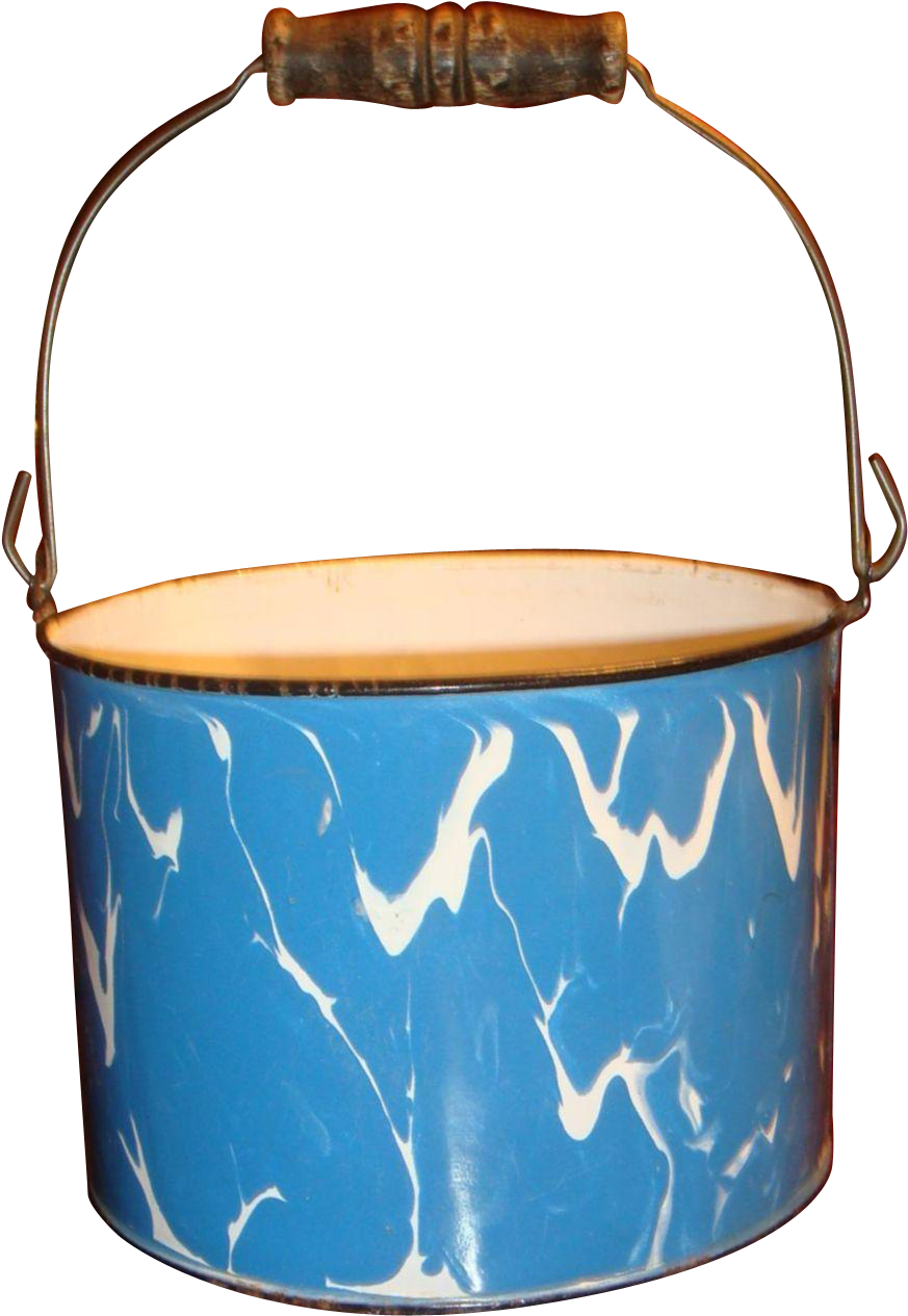 Large Blue White Swirl Graniteware Bucket Wooden Bale - Bail Handle (1264x1264), Png Download