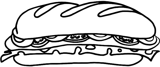 Sandwich, Food, Sausage, Outline, Baguette - Sandwich Black And White Png (640x320), Png Download