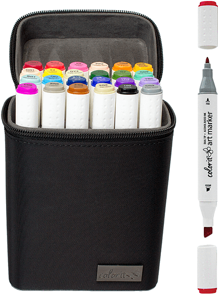 24 Color Dual Tip Art Markers With Premium Case - Dual Tip Markers (515x600), Png Download