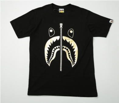 A Bathing Ape Shark Mouth Logo T-shirt - Bape A Bathing Ape Black Glitter Shark Gold Xl (390x565), Png Download