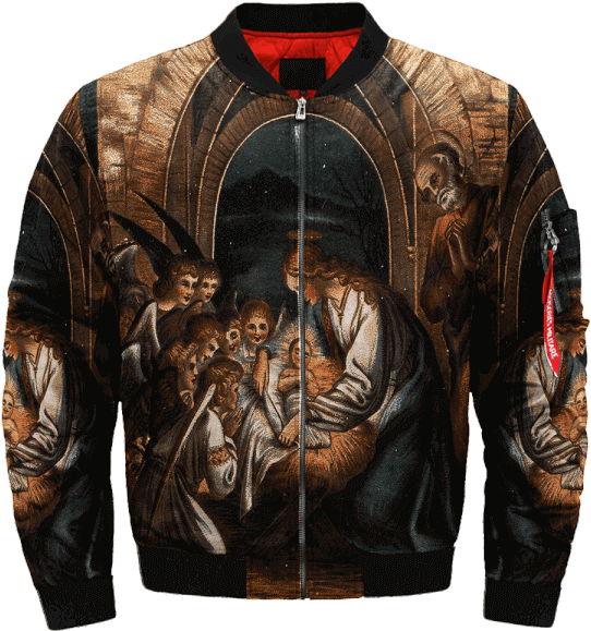 Com The Birth Of Jesus Over Print Jacket %tag - Leather Jacket (600x600), Png Download