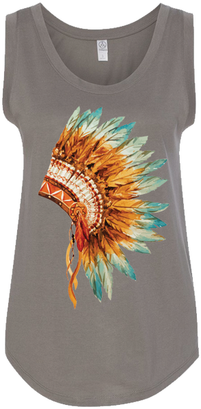 A Headdress Graphic On A Soft Blue/grey Tank - Designart 'skull With Feathers' Graphic Art Print (498x622), Png Download
