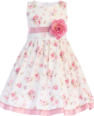 Off White & Pink Floral Print Cotton Girls Dress W - Dress (400x600), Png Download