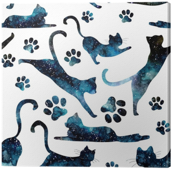 Seamless Pattern Of Watercolor Starry Sky And Cats - Watercolor Painting (400x400), Png Download