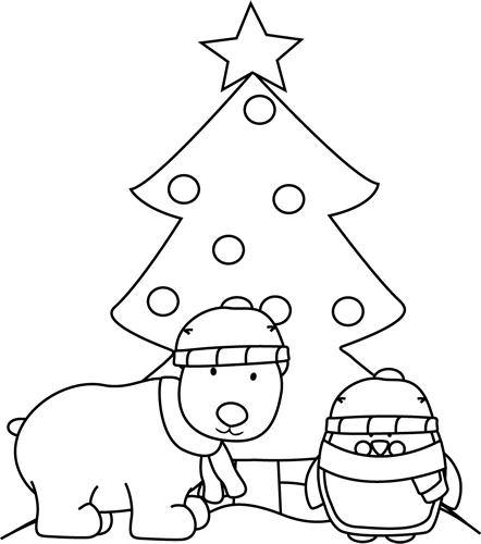Black And White Polar Bear Penguin And Christmas Tree - Christmas Polar Bear Clip Art Black And White (442x500), Png Download